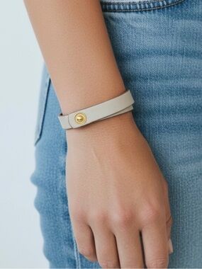 Double Wrap Leather Bracelet in Light Gray with Gold Accent